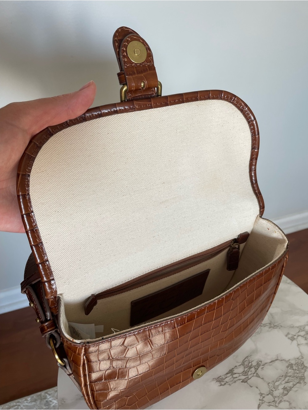 J.Crew Classic Large Saddle Bag in Croc-Embossed Leather – Brown / Hazelnut - Picture 8 of 15